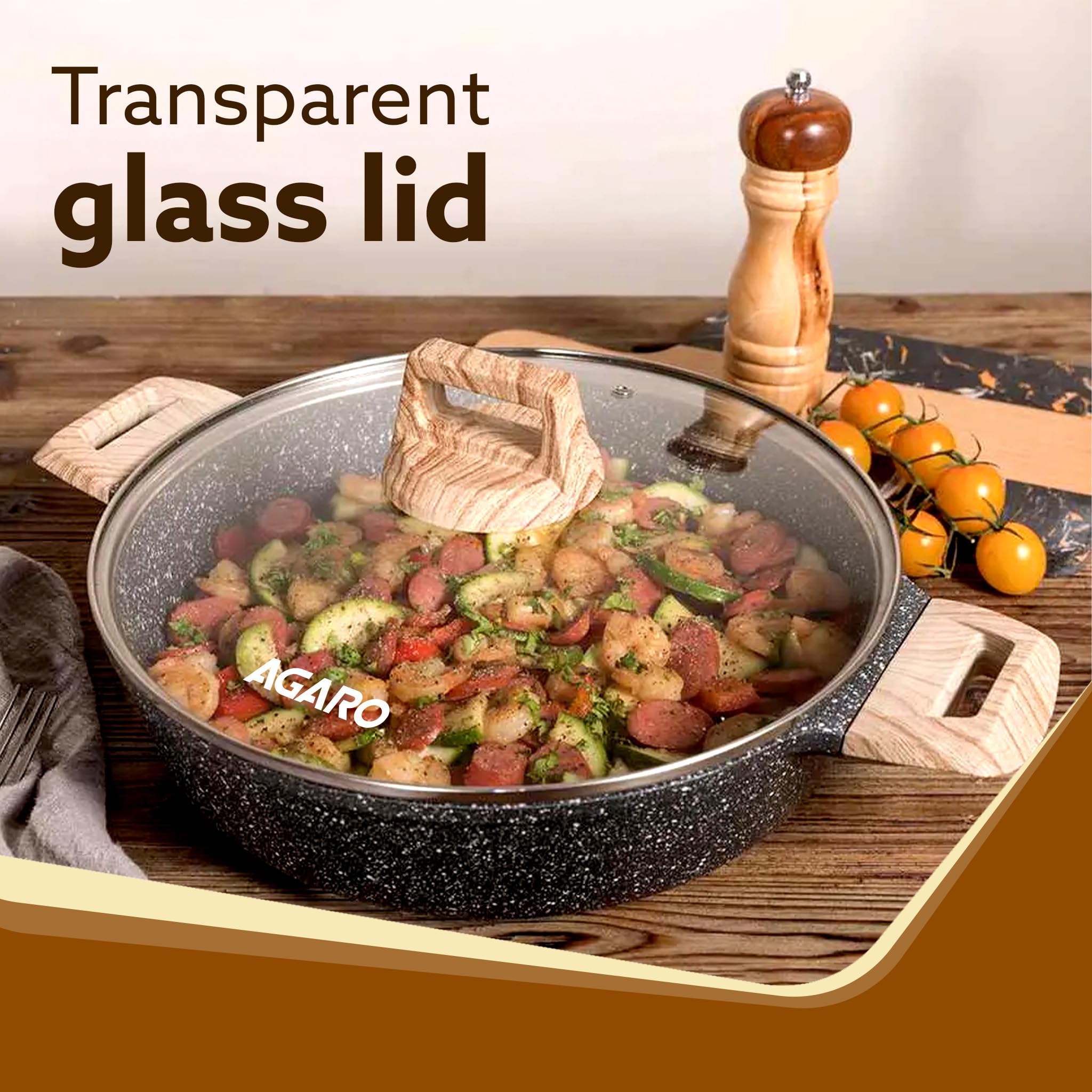AGARO Imperial Granite Non Stick Kadai with Glass Lid, 3.8L / 28cm, Deep Frying Pan, Biryani Pot, Cast Aluminium Body, Gas & Ind